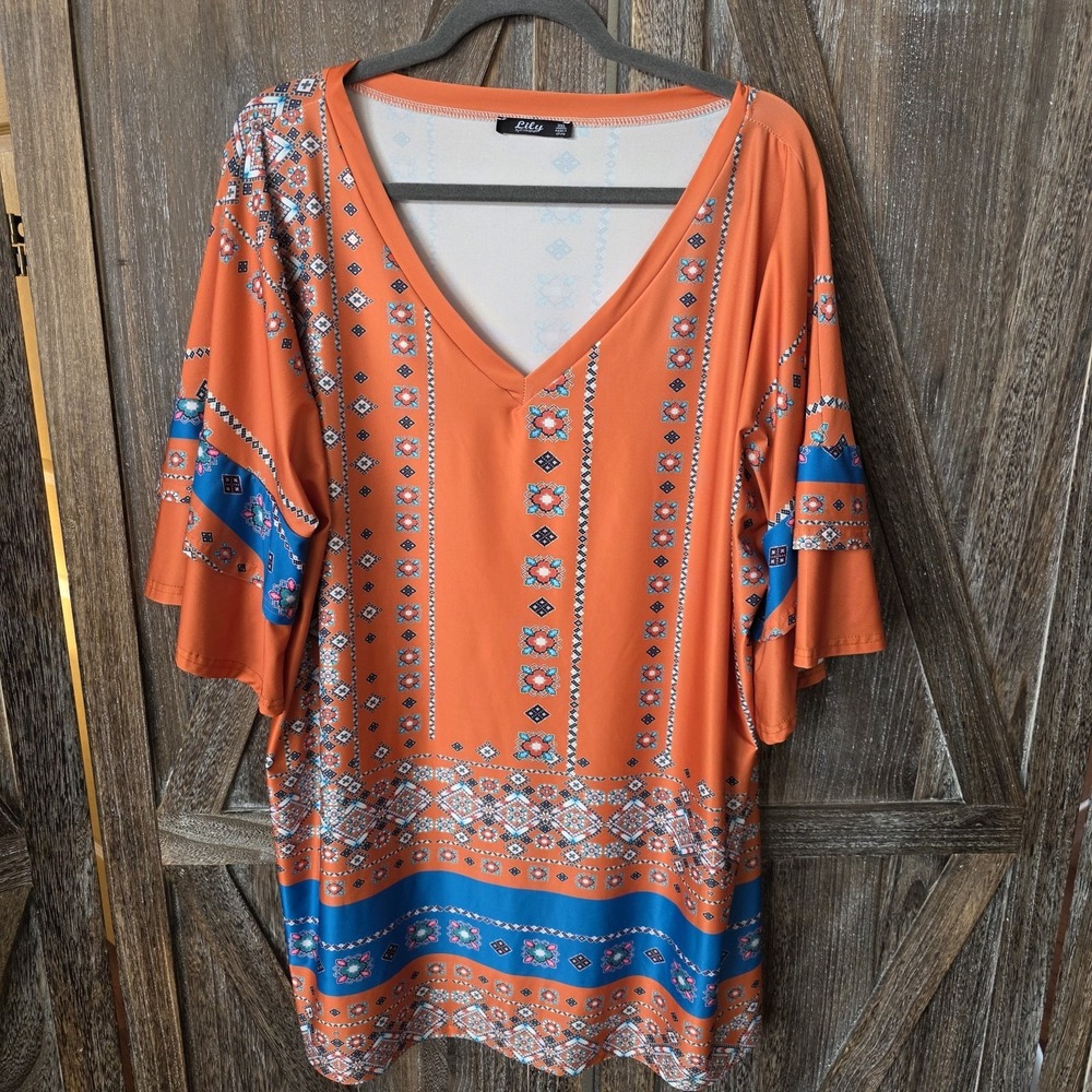 Lily by Firmiana Shirt Women's Size 3XL Orange Print Short Bell Sleeves Stretch